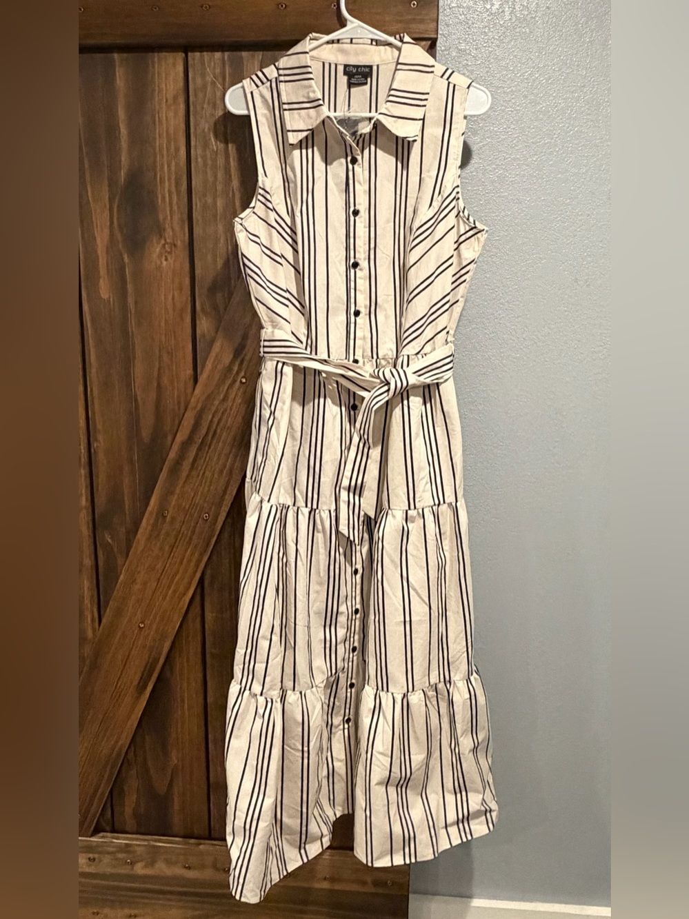 City Chic Cream Maxi Dress with Black Vertical Stripes Size 14